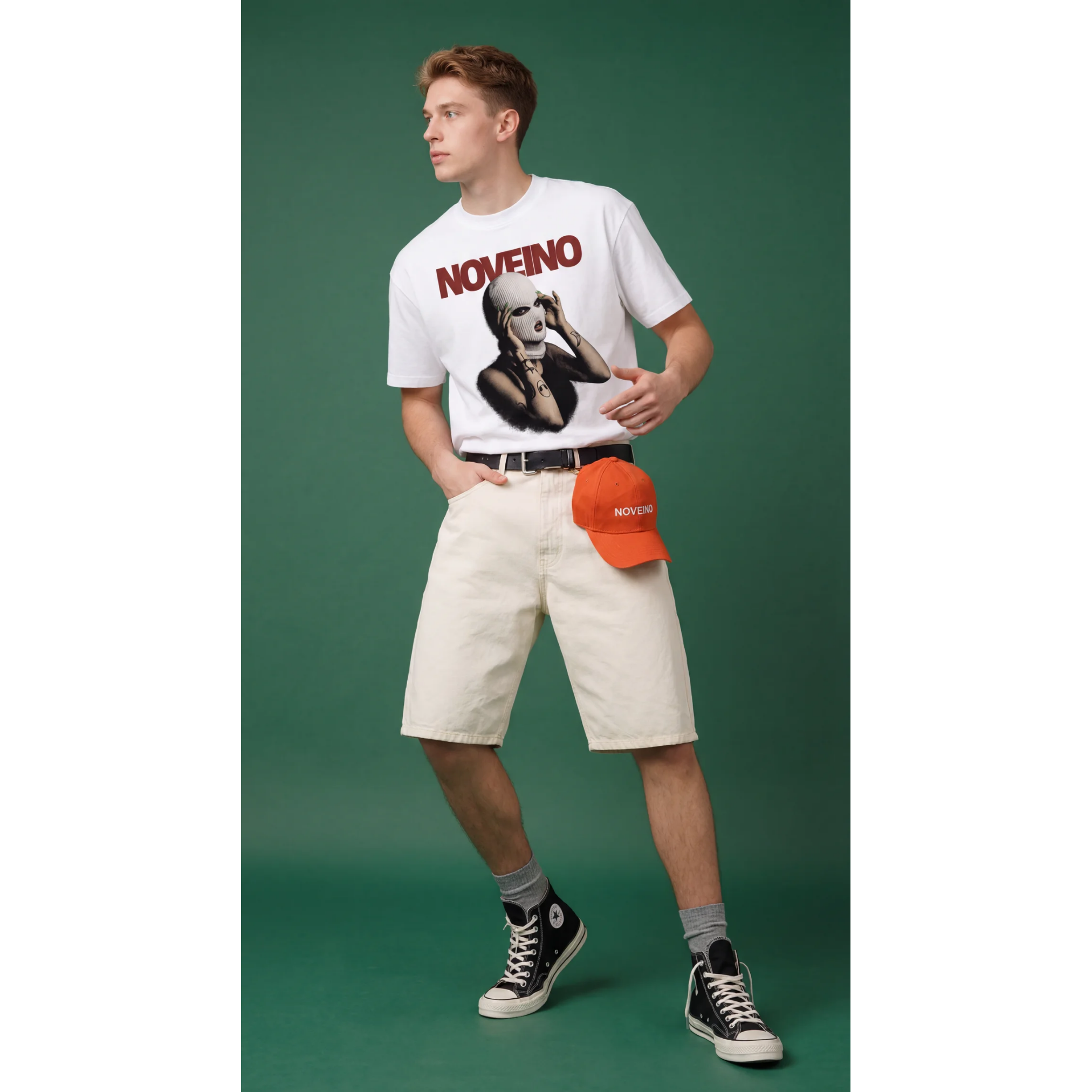 NOVEINO Vice t-shirt featuring a stylish graphic design, made from soft fabric, in black with white and red accents.