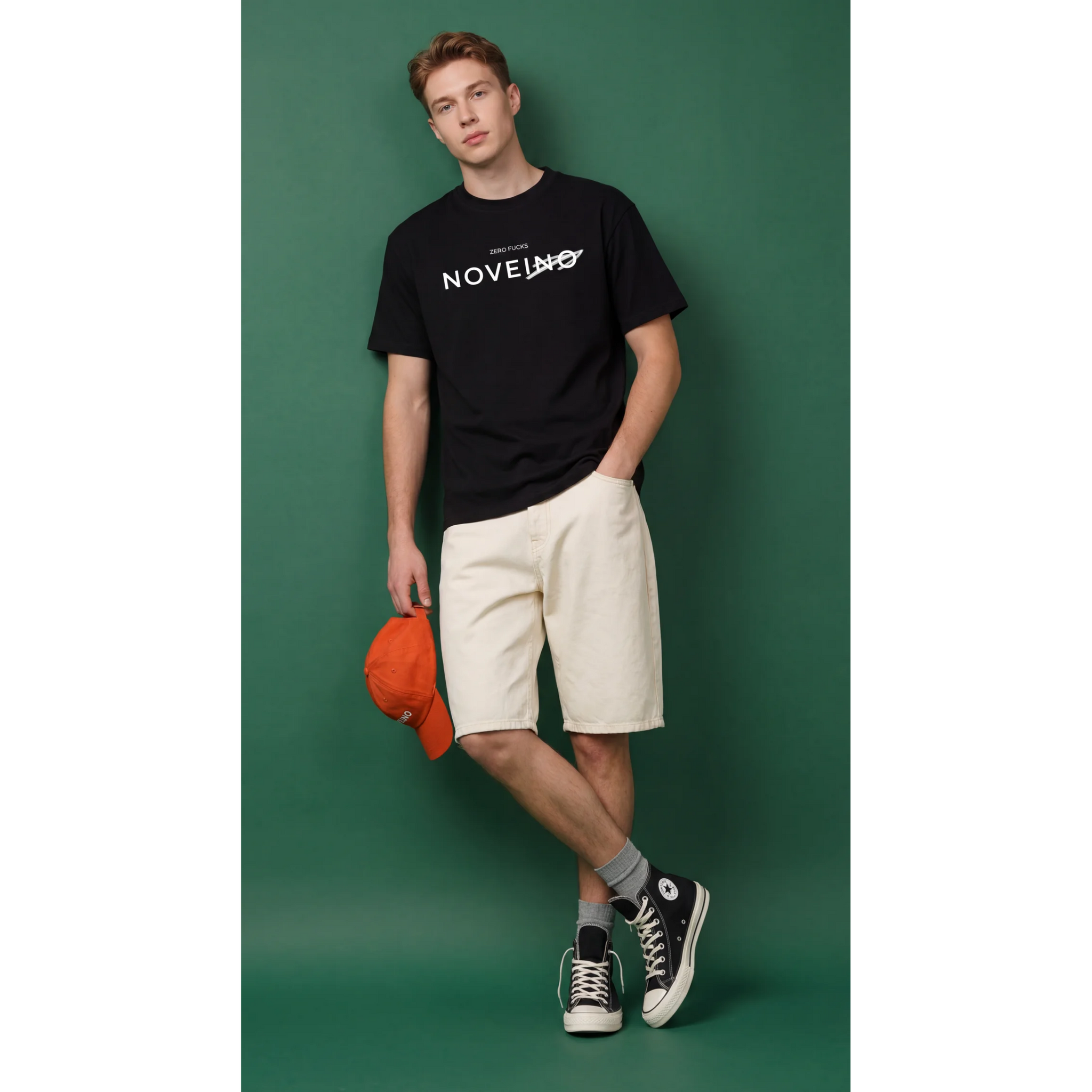NOVEINO Zero t-shirt in black with minimalist NOVEINO logo design on the front, casual fit, soft fabric, and crew neck style.