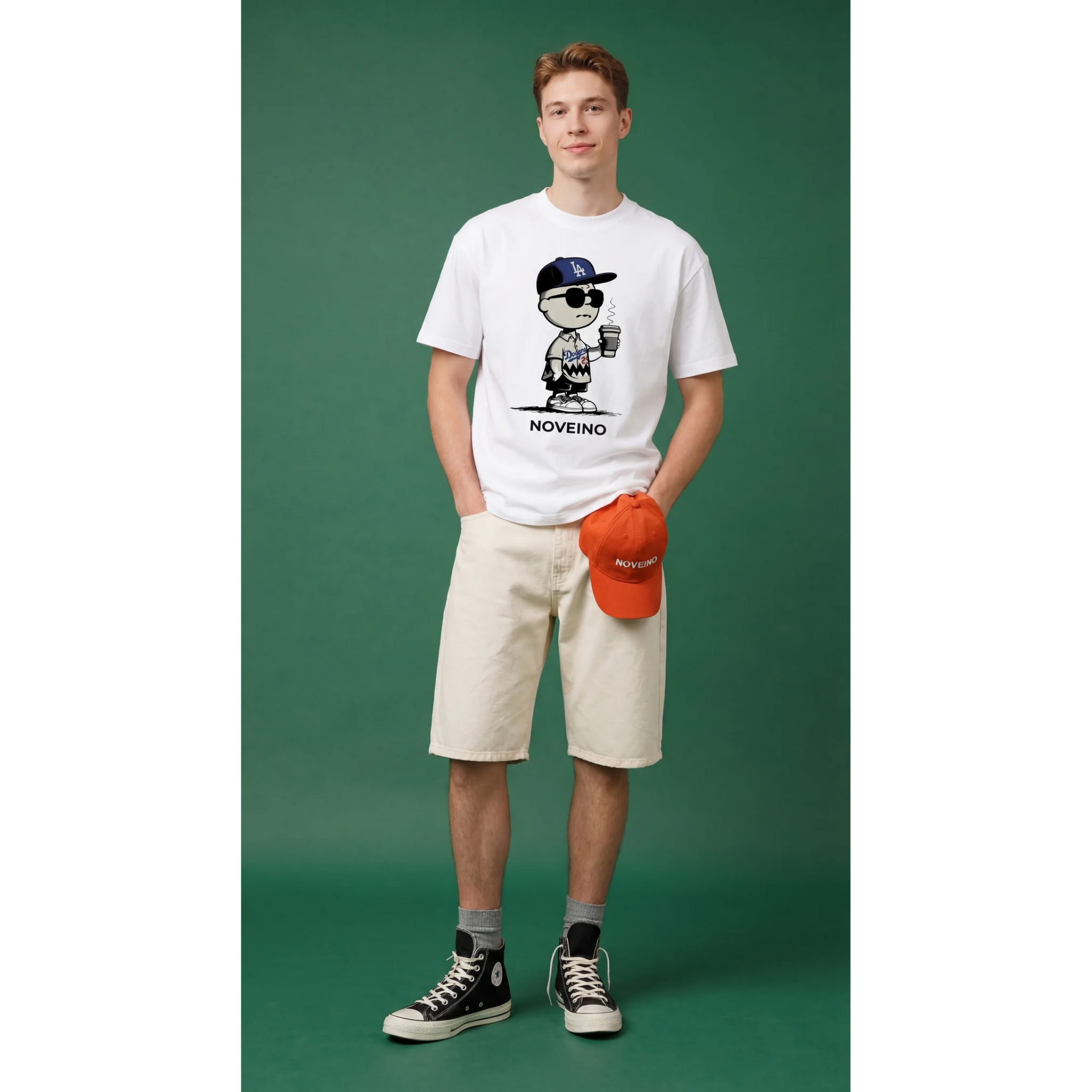 NOVEINO Lucerne t-shirt displayed on a hanger, featuring a casual fit and soft fabric in a neutral color.