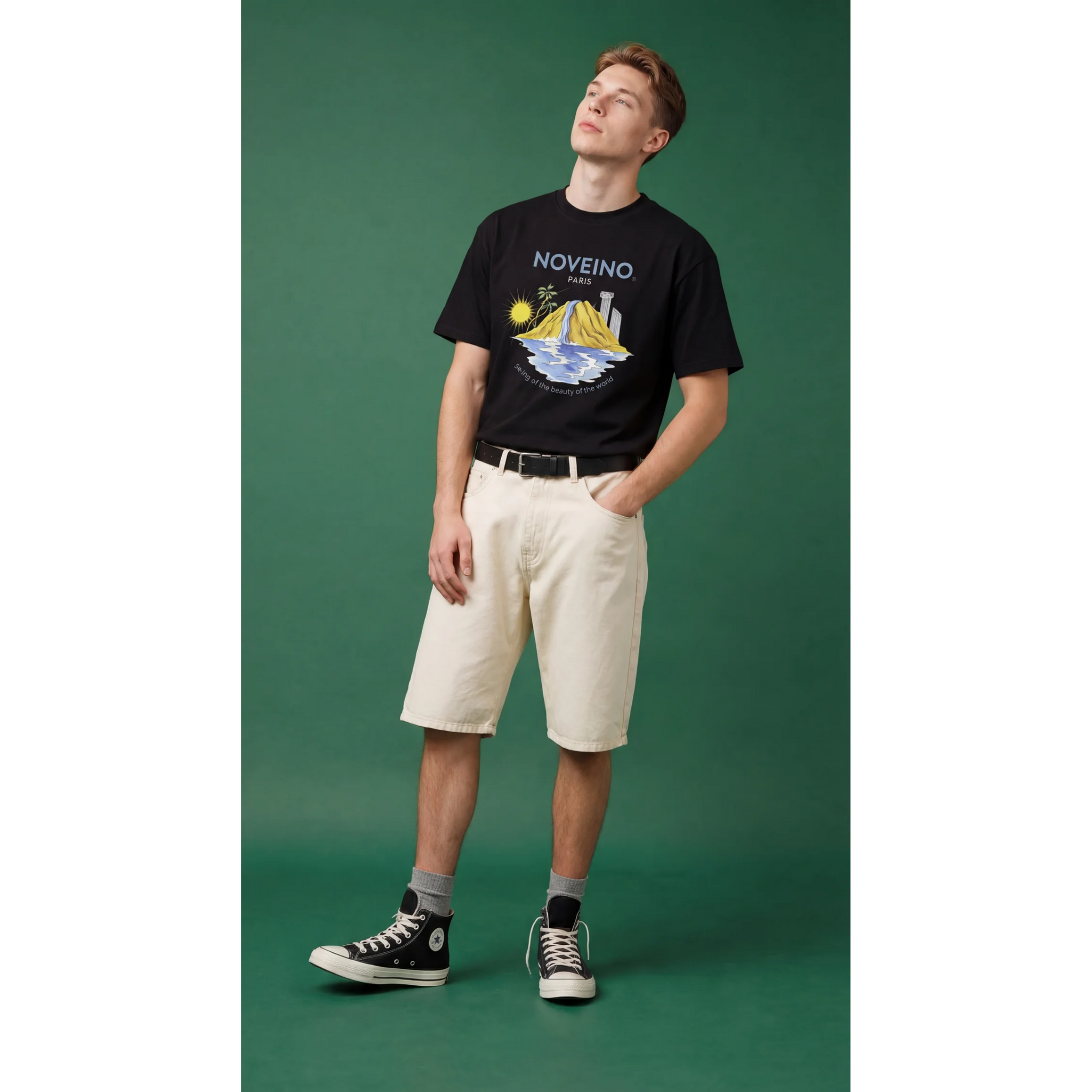 NOVEINO Flux t-shirt featuring a modern graphic design in black and white, made from soft, comfortable cotton fabric.