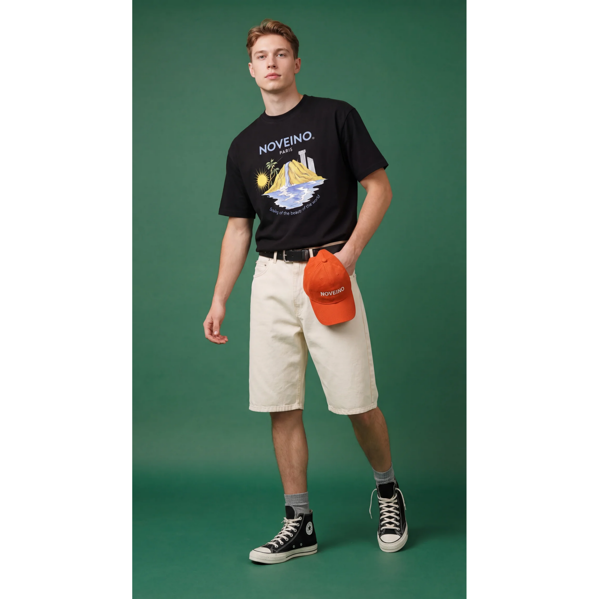 NOVEINO Flux t-shirt with a modern graphic design, black fabric, and classic crew neck style.