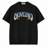 NOVEINO Flux t-shirt in black, featuring a modern graphic design on the front, made of soft cotton fabric.