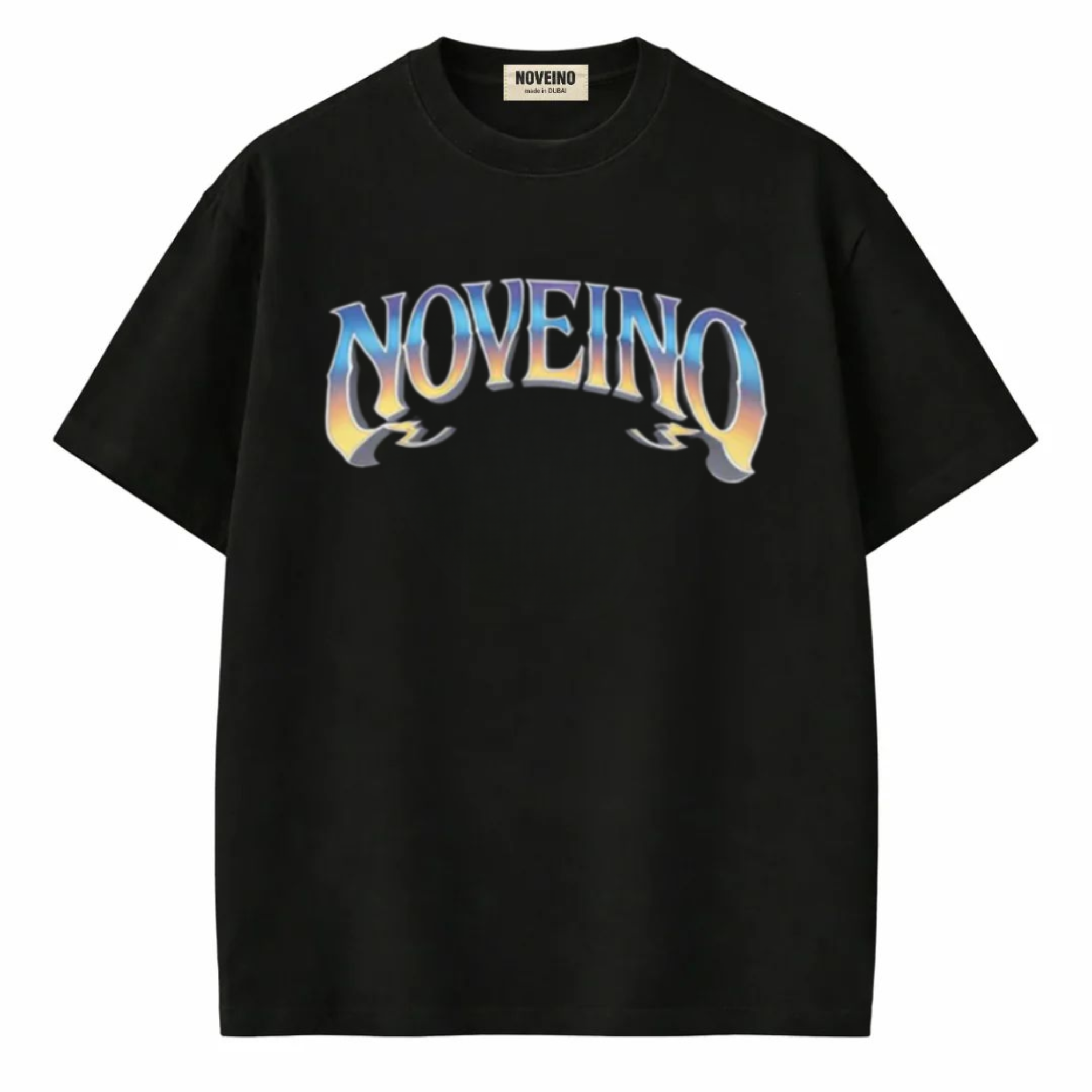 NOVEINO Flux t-shirt in black, featuring a modern graphic design on the front, made of soft cotton fabric.