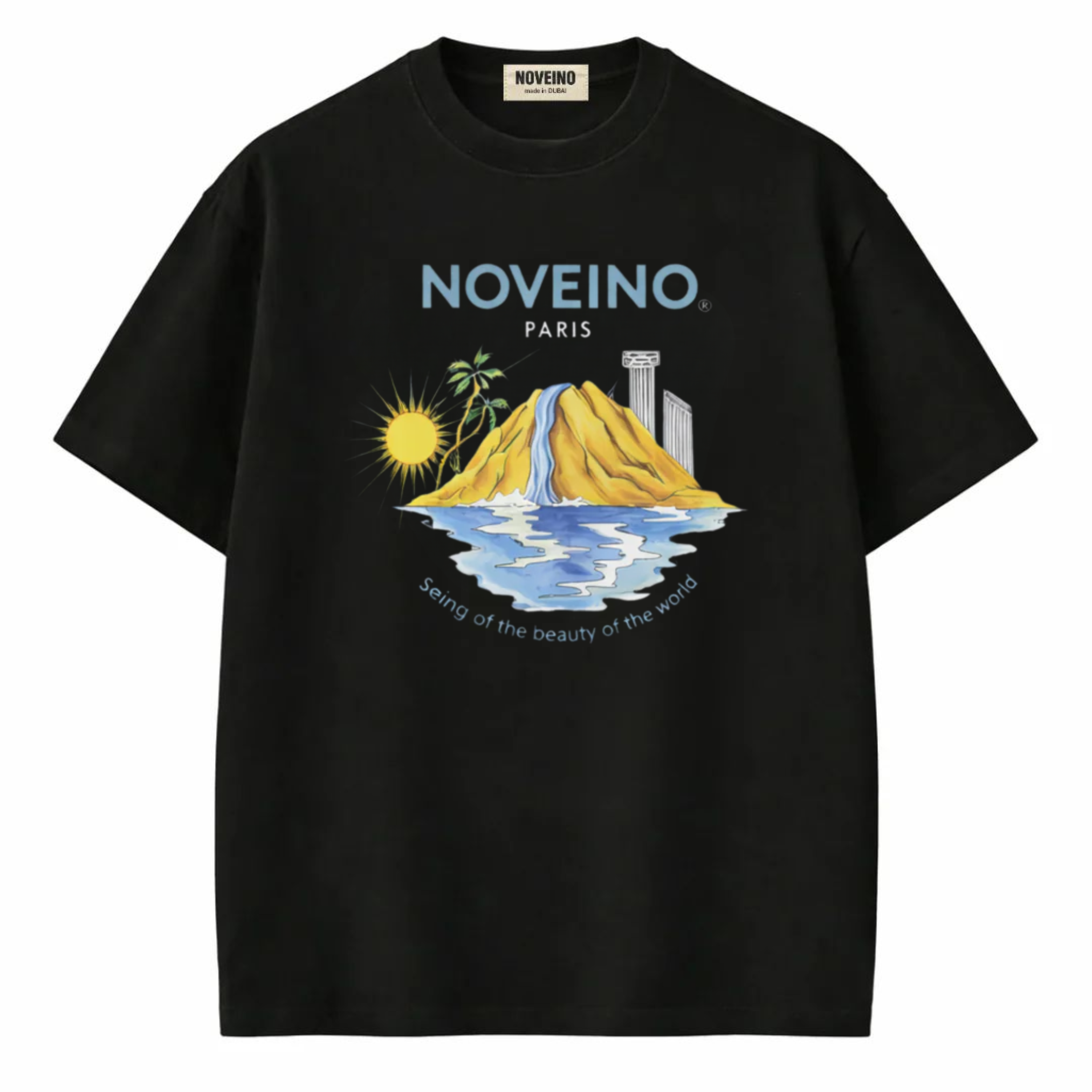 NOVEINO Flux t-shirt featuring a modern graphic design, made of soft cotton fabric, displayed on a flat lay.