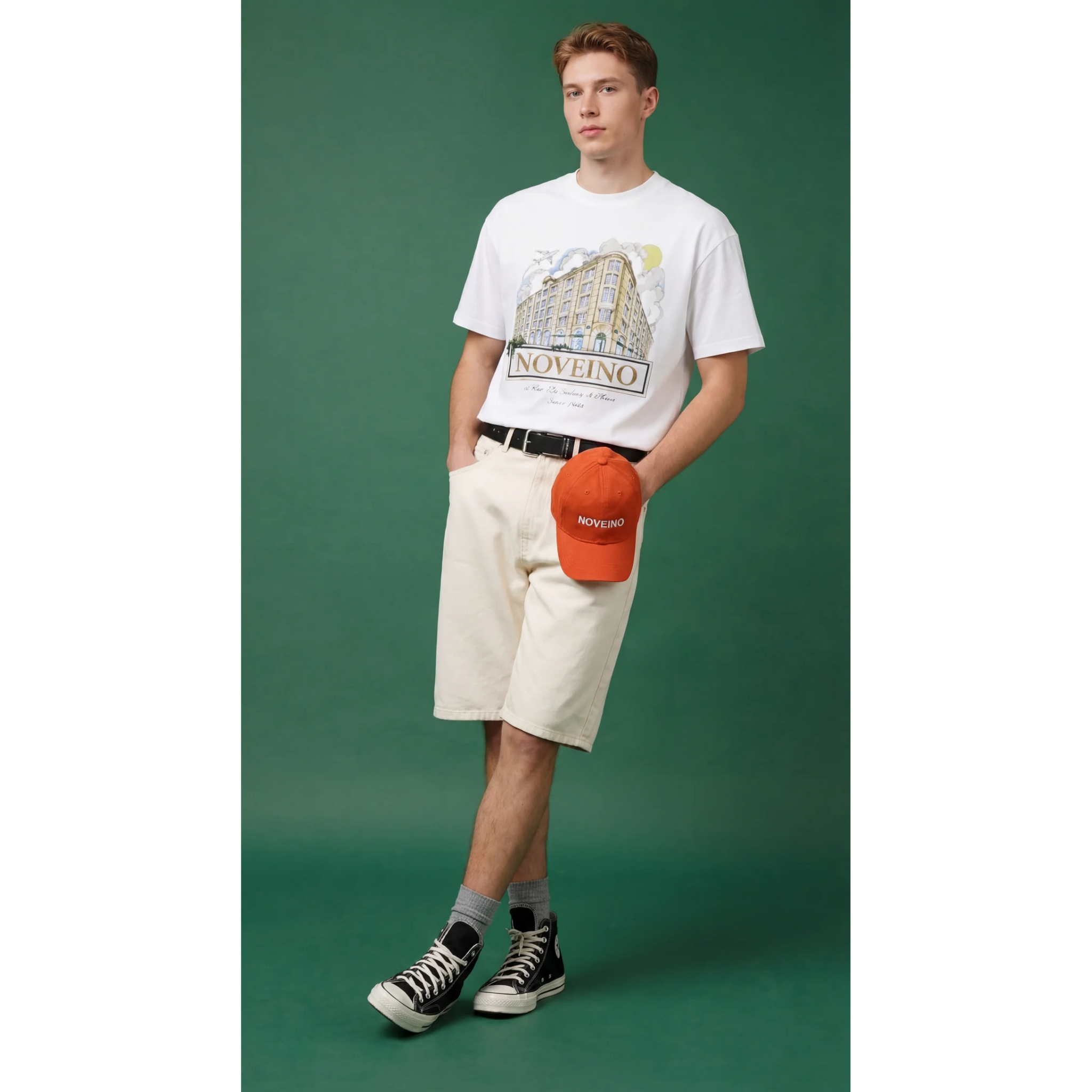 NOVEINO corner t-shirt featuring a modern design, displayed flat with visible neckline and sleeve details.