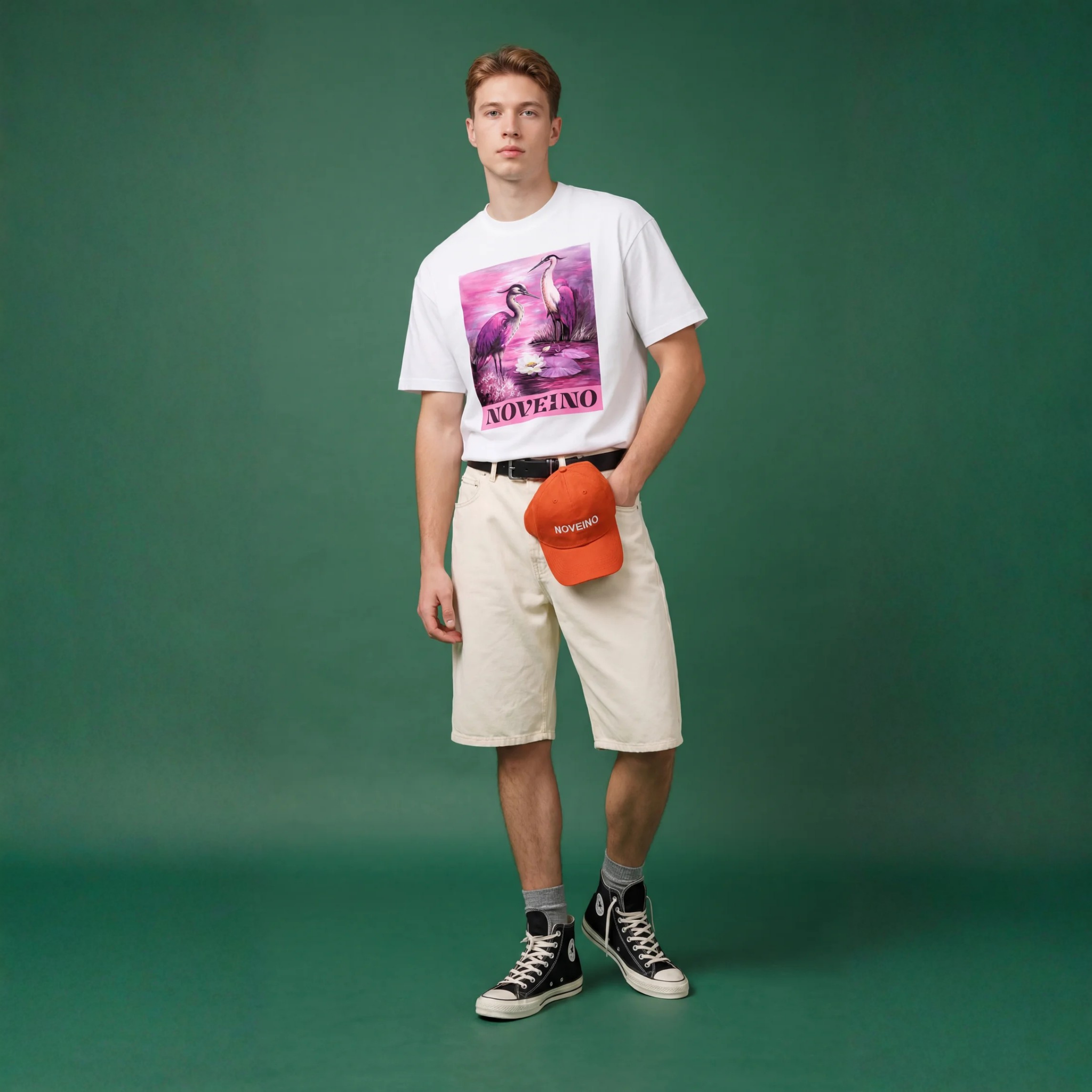 Light pink Lumière Rosé t-shirt by NOVEINO displayed on a hanger with minimal background.