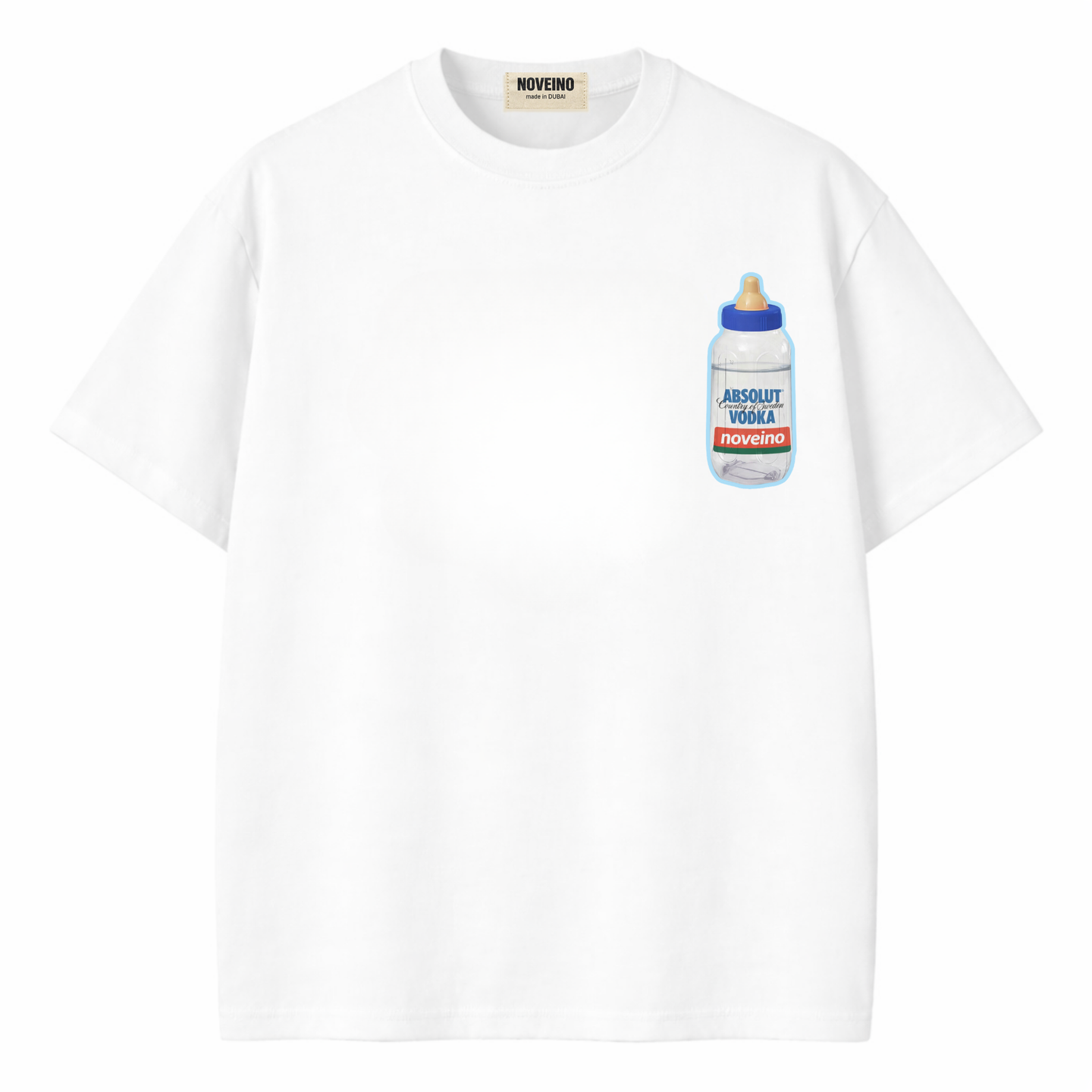 NOVEINO Baby Vodka collectible memorabilia featuring a playful design inspired by The Beatles, displayed on a plain background.