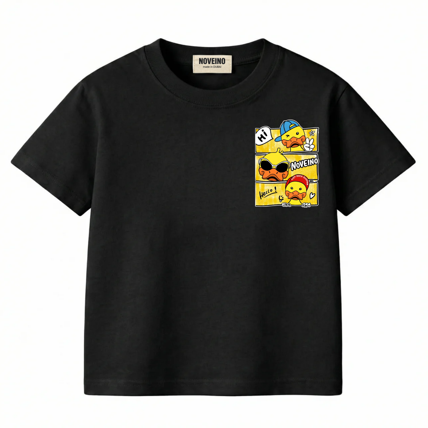 NOVEINO Kids #10 t-shirt with colorful graphic design, made of soft fabric, displayed flat on a white background.