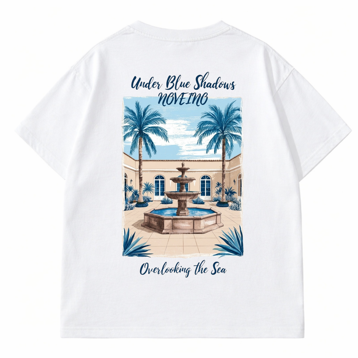 Blue NOVEINO ocean-themed T-shirt with a vibrant aquatic print, casual fit, and soft cotton fabric.