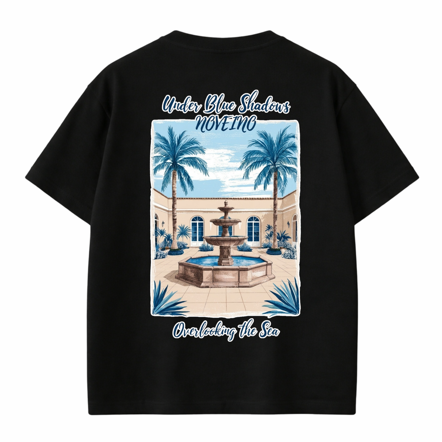 Blue NOVEINO Ocean T-shirt with ocean wave graphic, soft cotton fabric, casual fit, and vibrant blue color.