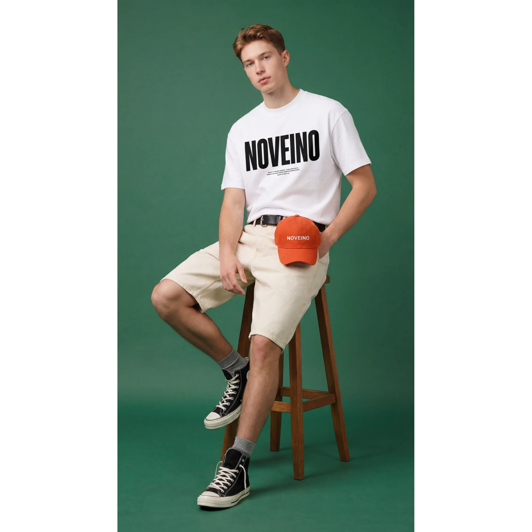 NOVEINO House Standard T-shirt in neutral color, casual fit, with minimalist house graphic on front, made from soft cotton fabric.