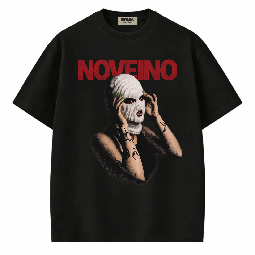NOVEINO Vice t-shirt in black with white graphic design, crew neck style, displayed flat on a white background.