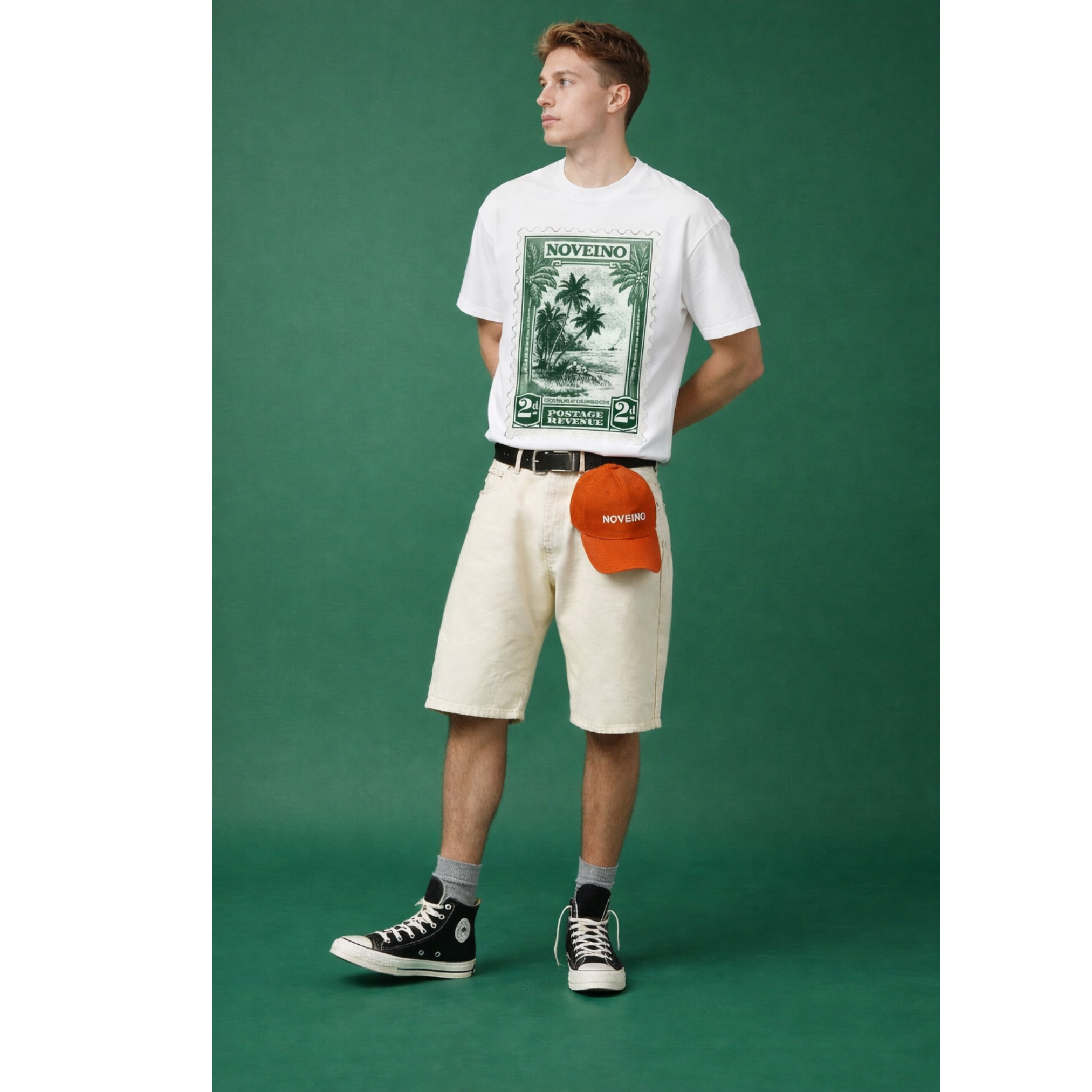 NOVEINO T-shirt with postage-inspired graphic design, casual fit, and soft fabric, displayed on a plain background.