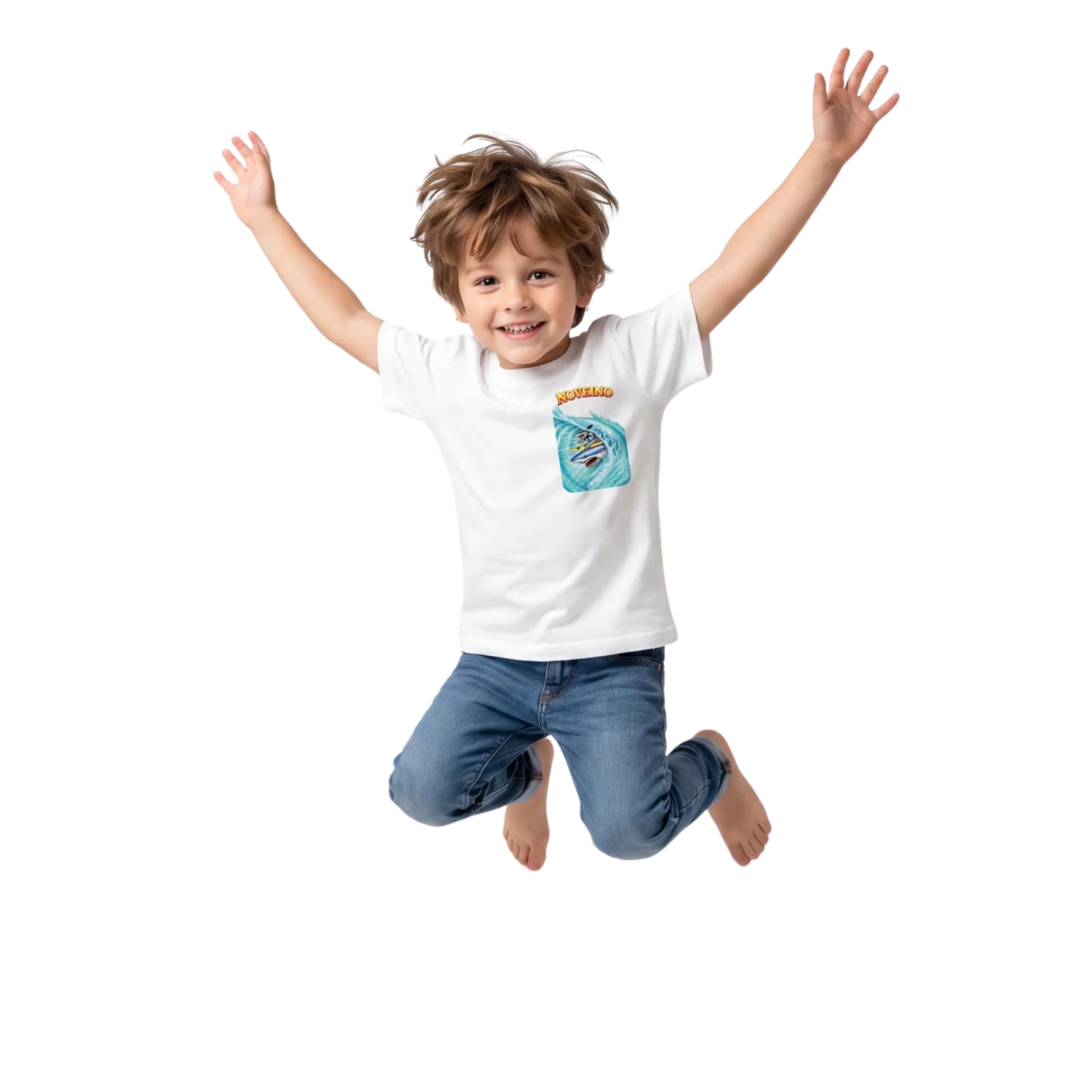NOVEINO Kids T-shirt in vibrant colors with playful design, made for comfortable fit and casual wear for children.