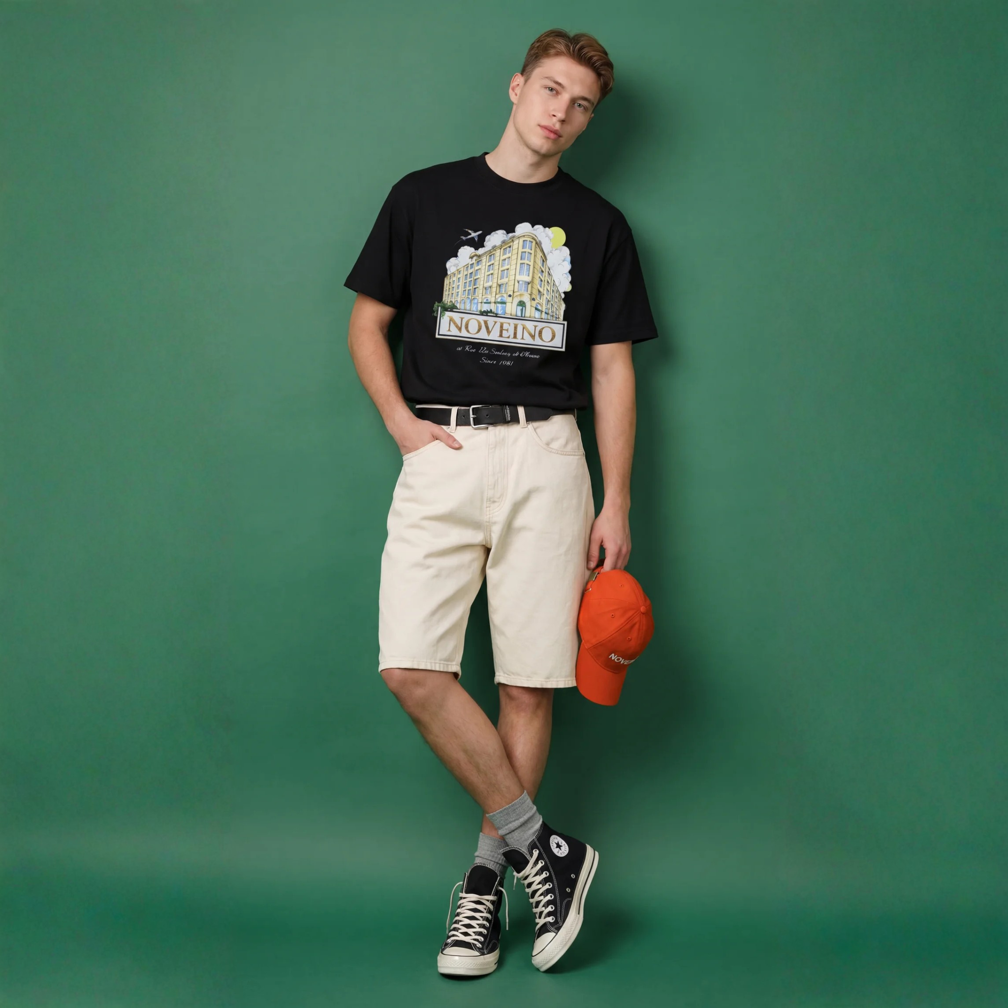 NOVEINO t-shirt corner view featuring a stylish, casual design in a close-up shot of the fabric and fit.