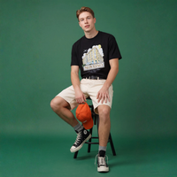 NOVEINO t-shirt with corner design, white fabric, and casual fit, shown on a model in a fashion photoshoot.