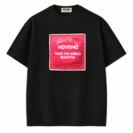 NOVEINO Stay Safe T-shirt in black with white "Stay Safe" message, casual cotton fabric, front view.