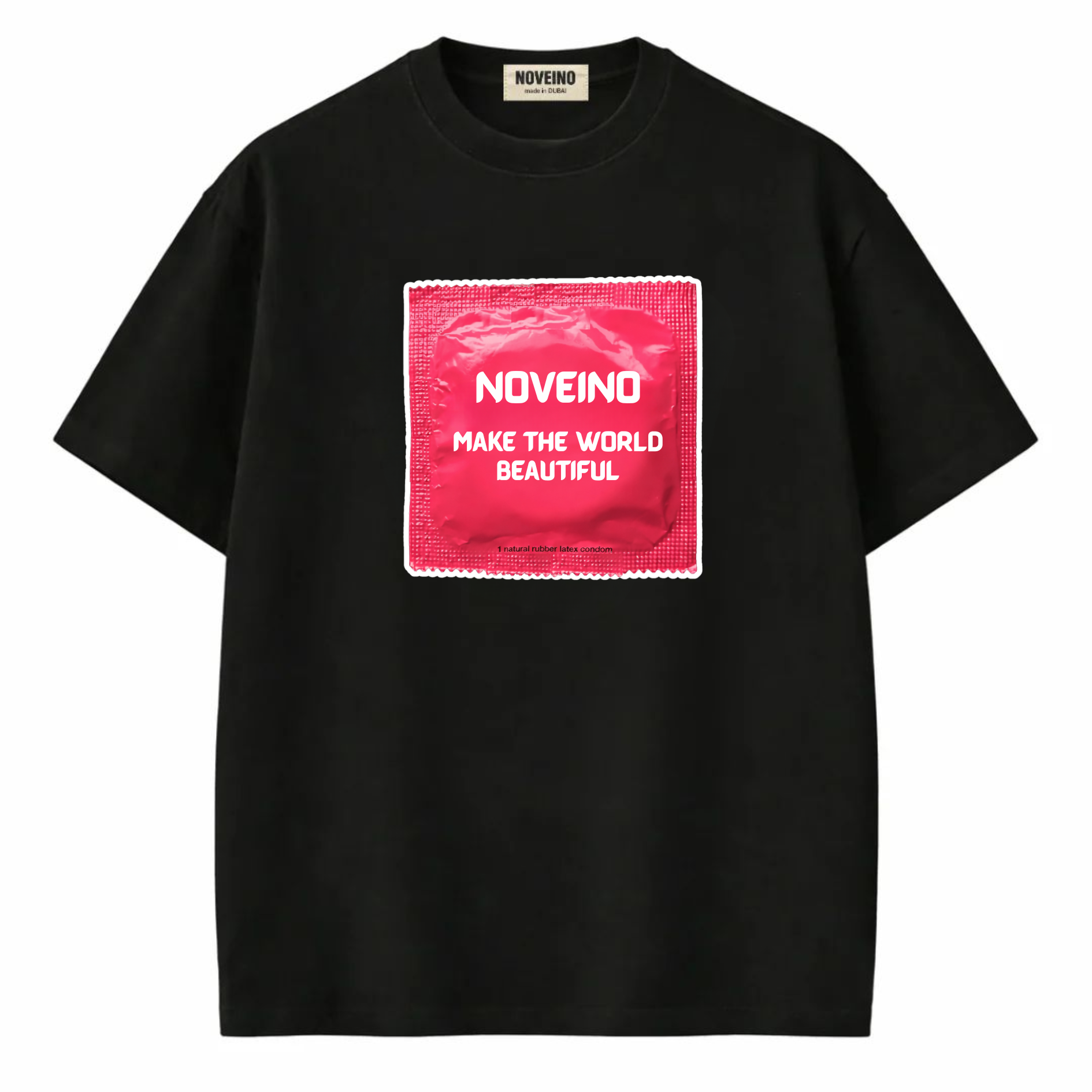 NOVEINO Stay Safe T-shirt in black with white "Stay Safe" message, casual cotton fabric, front view.