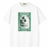 NOVEINO T-shirt featuring a stylish postage-inspired graphic design on a comfortable cotton fabric.