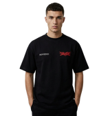 Black NOVEINO Mythos t-shirt displayed on a model, showcasing the casual fit and stylish design of the graphic tee.