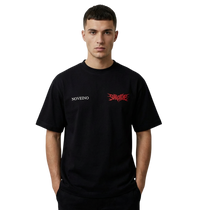 Black NOVEINO Mythos t-shirt displayed on a model, showcasing the casual fit and stylish design of the graphic tee.