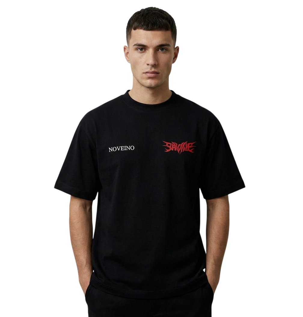 Black NOVEINO Mythos t-shirt displayed on a model, showcasing the casual fit and stylish design of the graphic tee.